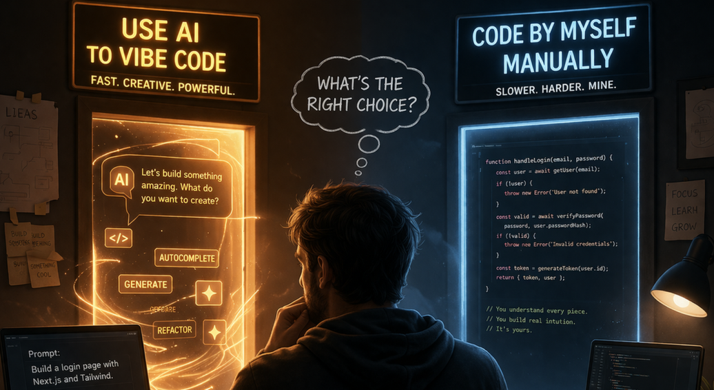 A man in a dark hoodie sits at a desk, seen from behind, contemplating two contrasting paths: on the left, a warm glowing interface promoting AI-assisted “vibe coding” with buttons like autocomplete and generate; on the right, a cool-toned screen showing manual code and emphasizing learning and ownership. The scene is split by lighting—orange for AI and blue for manual coding—while a thought bubble above him reads, “What’s the right choice?”